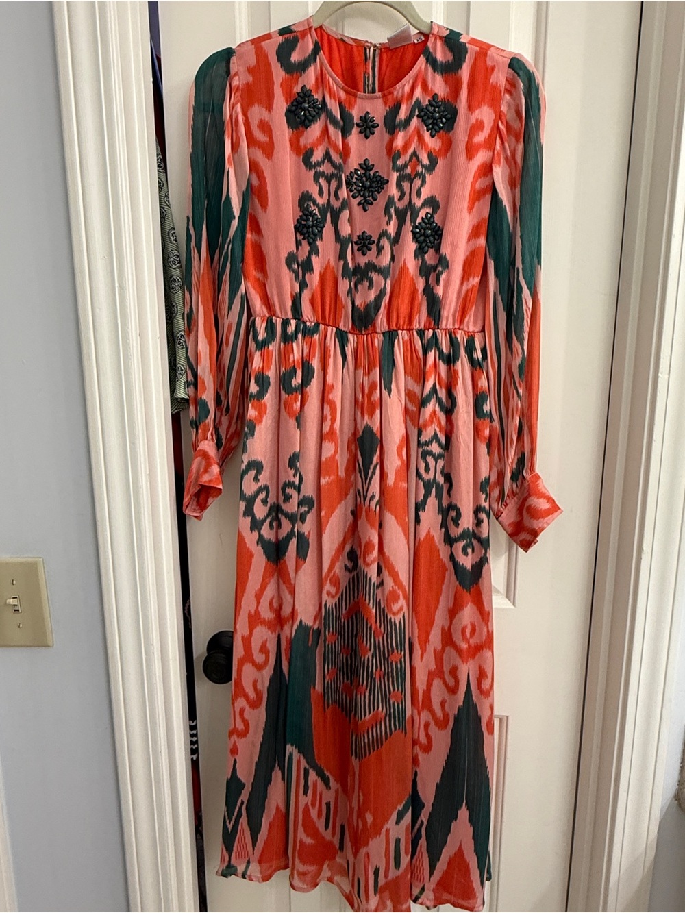 Sheridan French Long Sleeve Coral and Dark Green Patterned Women's Dress